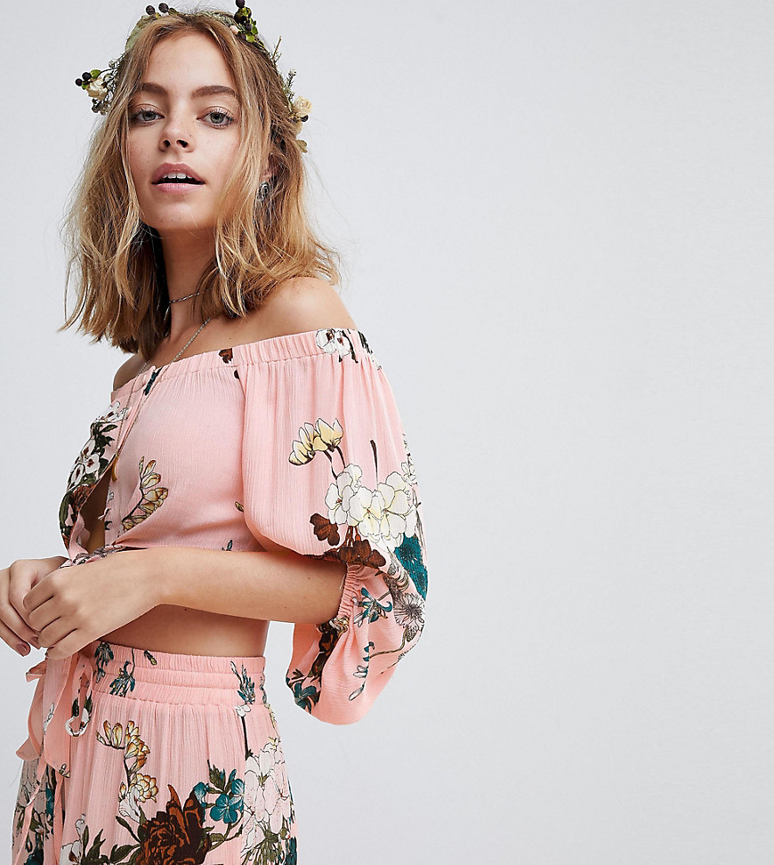 Sisters Of The Tribe Petite Off The Shoulder Crop Top In Floral Print Co-Ord - Pink peach