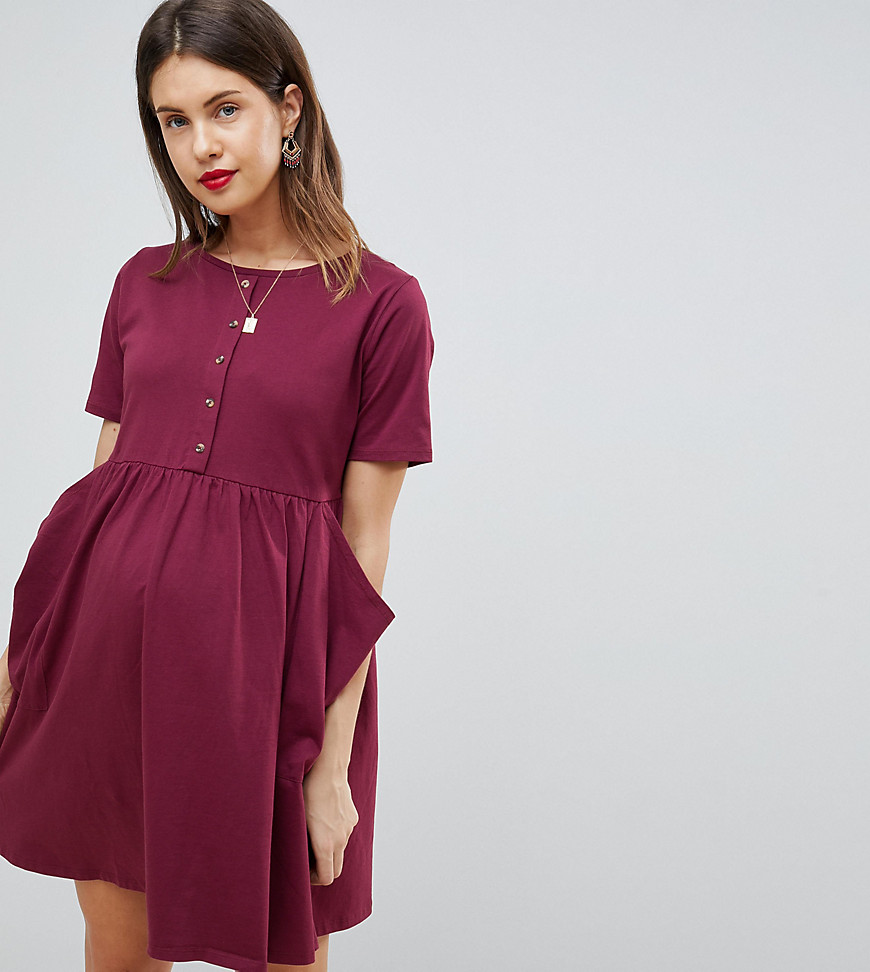ASOS DESIGN Maternity mini smock dress with pockets and button front - Burgundy
