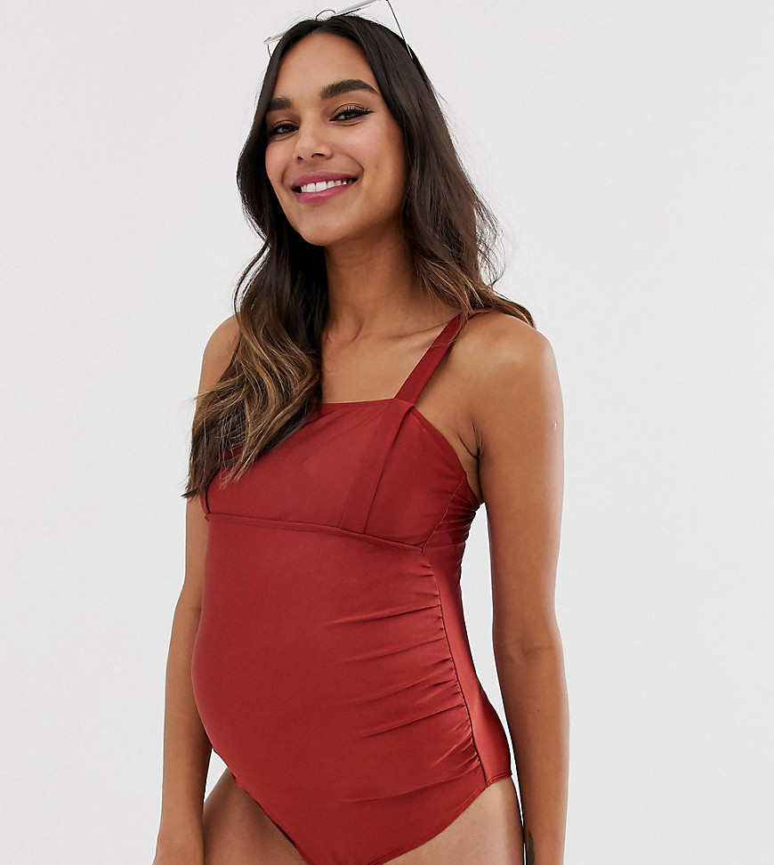 Wolf & Whistle Maternity Exclusive square neck swimsuit in desert red