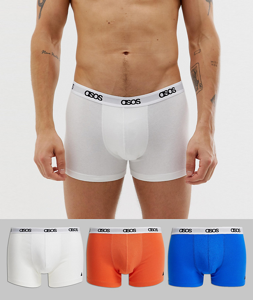 ASOS DESIGN 3 pack trunks in white blue & orange with branded waistband save