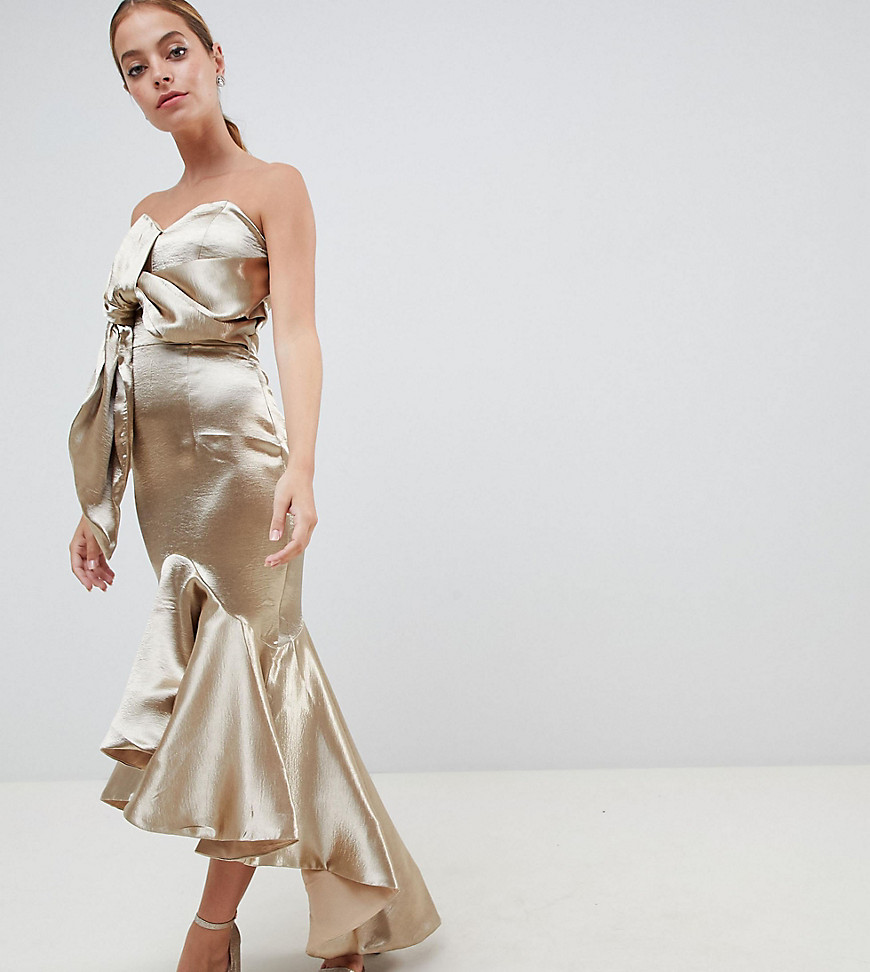 Jarlo Petite Wrap Front Bardot Midi Dress With Fluted High Low Hem