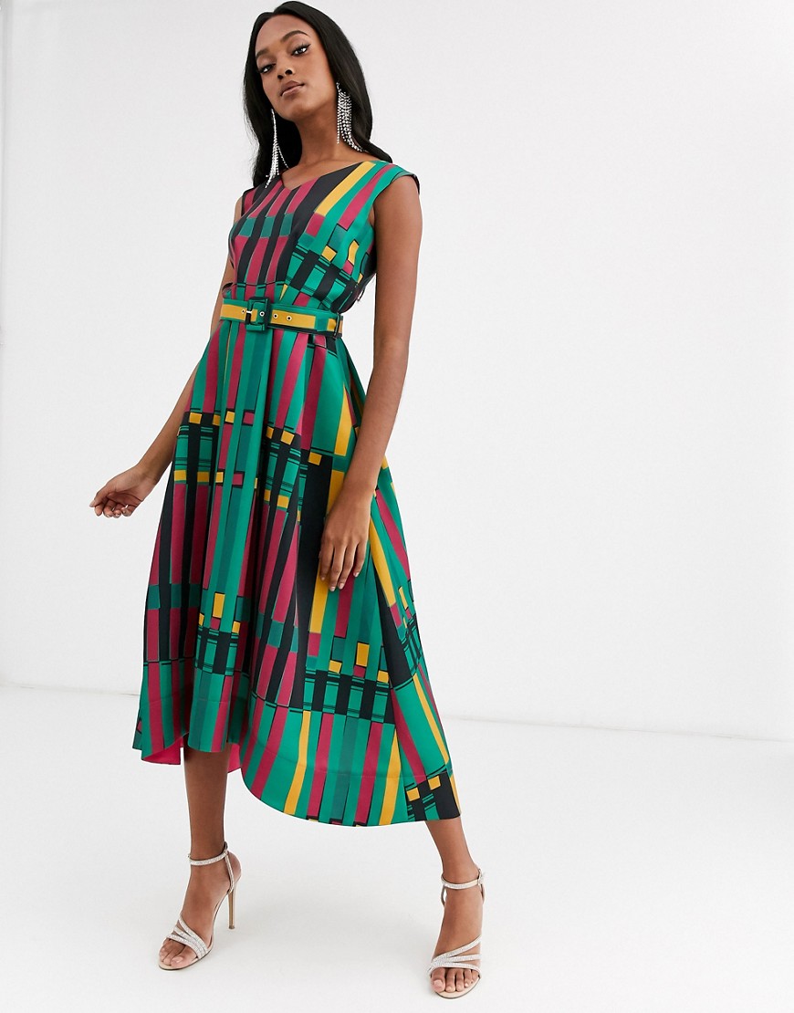 Closet London belted high low midi dress in gold multi