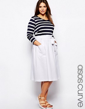 ASOS CURVE Midi Skirt In Linen - White