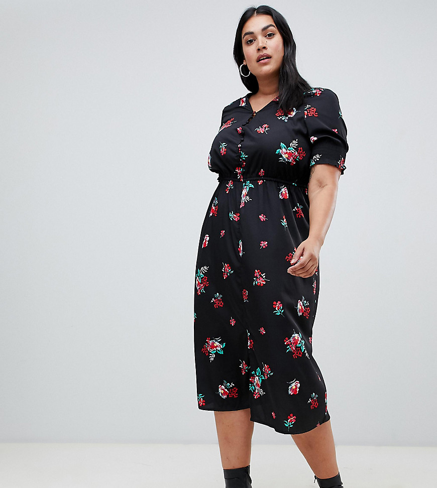 Influence Plus shirred sleeve floral midi dress with button down front - Black floral