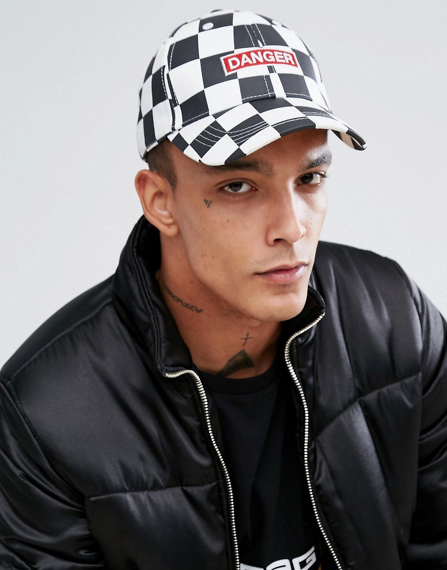 Granted Baseball Cap In White Checkerboard With Danger Print - White