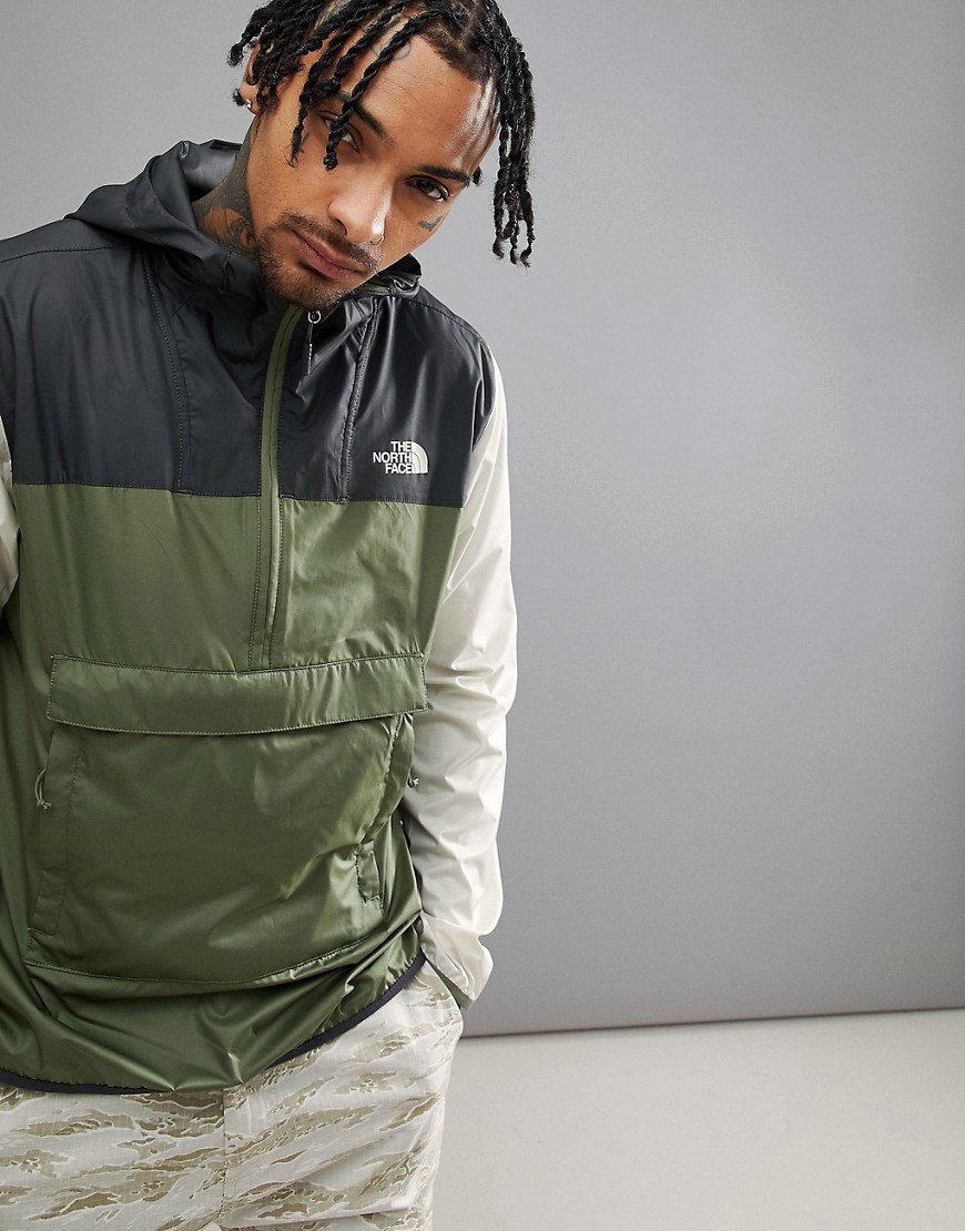 The North Face Fanorak Overhead Jacket Hooded Packable Tricolour In Green/Black/Stone - Four leaf clover