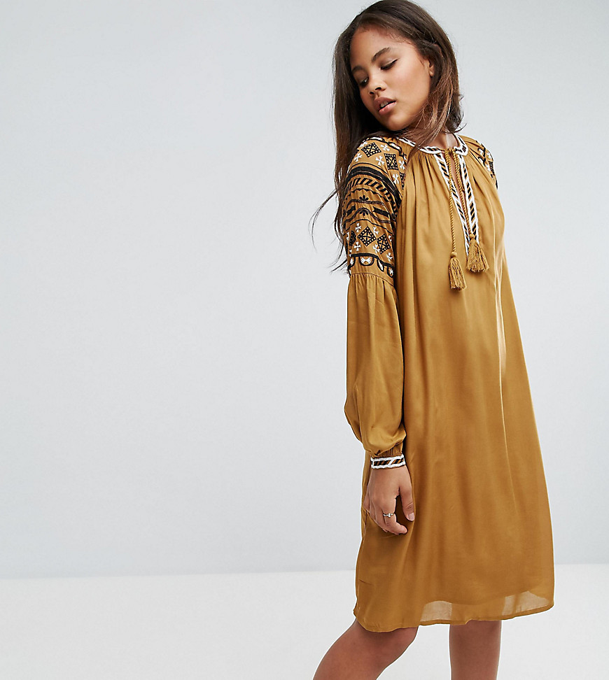 Y.A.S Tall Embroidered Detail Folk Dress - Mustard