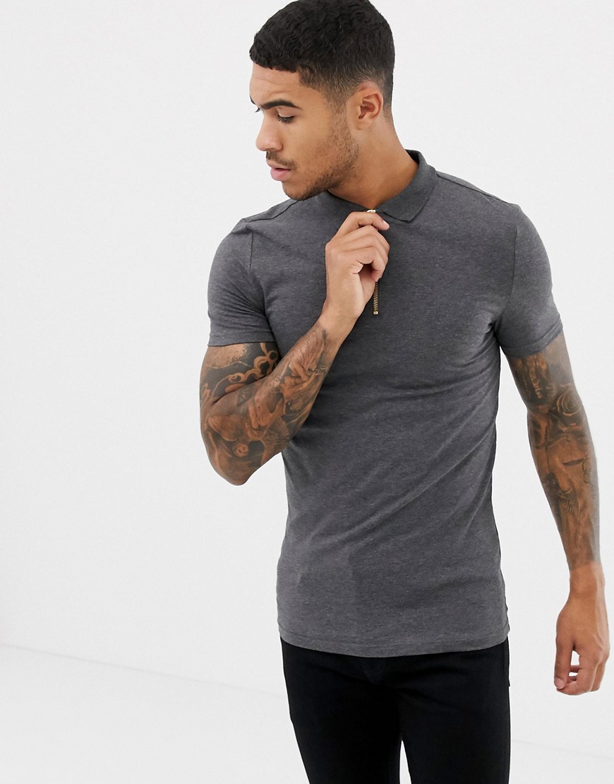 ASOS DESIGN muscle fit jersey polo with stretch with zip neck in grey