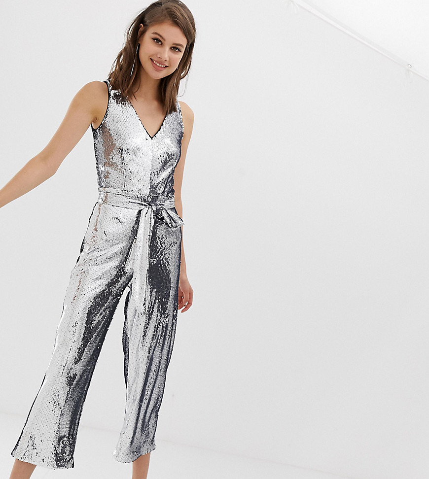 Warehouse jumpsuit in silver sequin