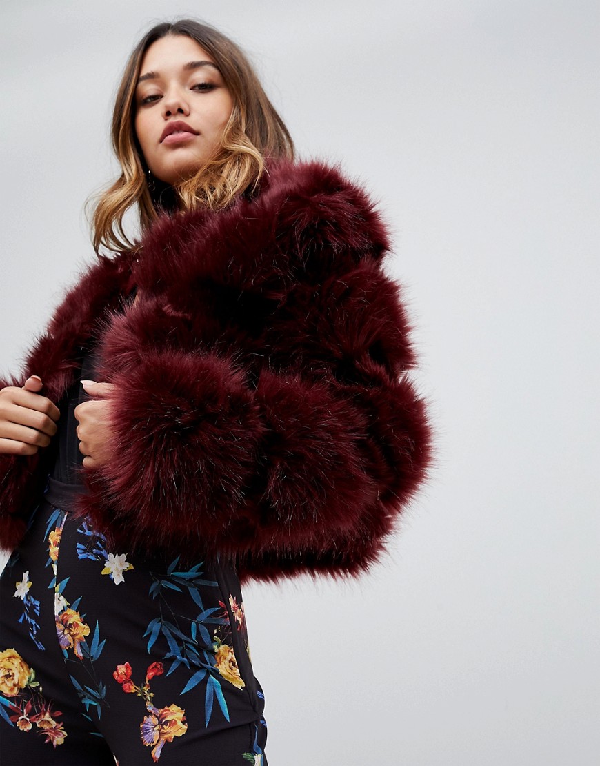 PrettyLittleThing cropped faux fur bubble coat in red
