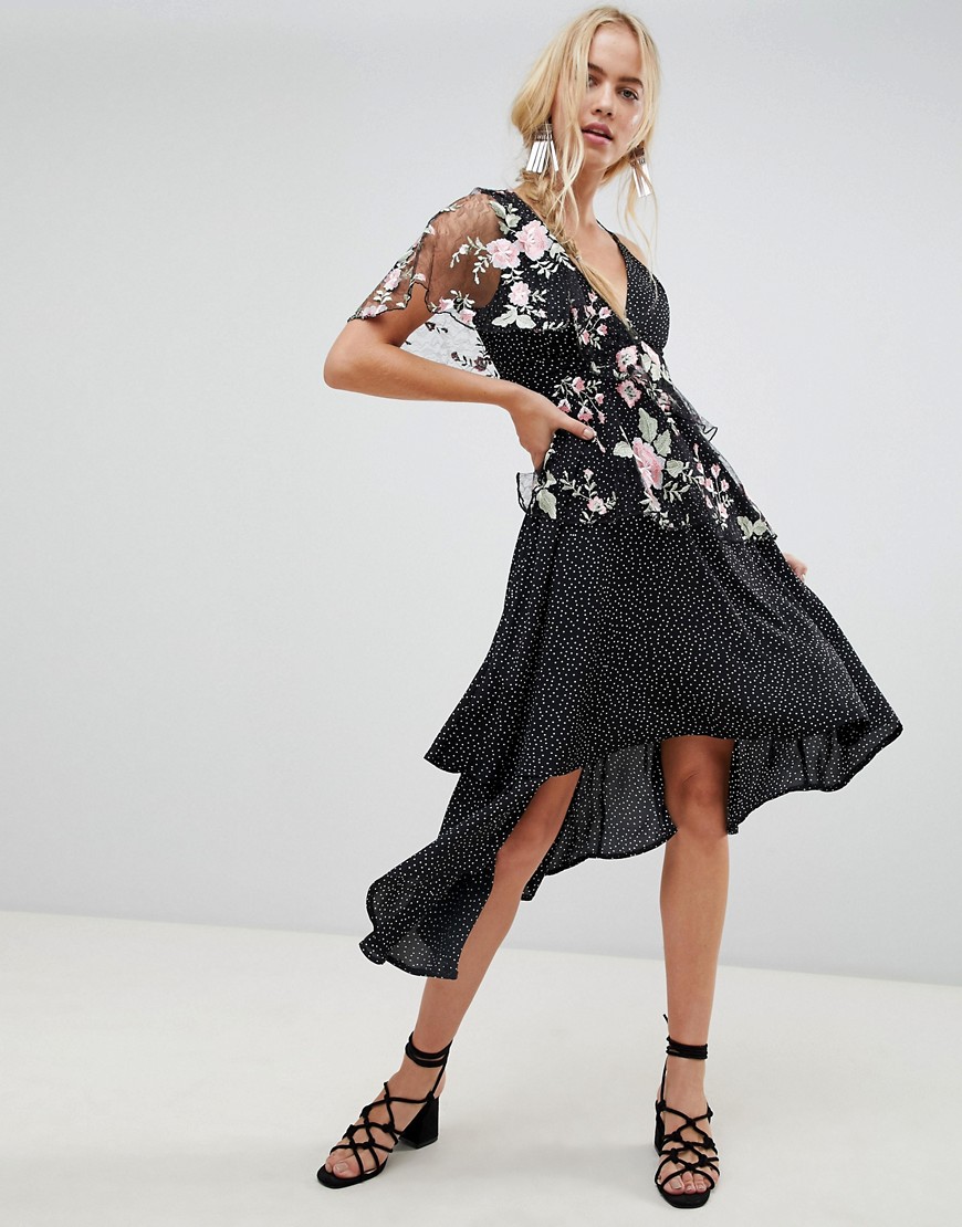 ASOS DESIGN Asymmetric Cami Midi Dress In Spot And Floral Lace