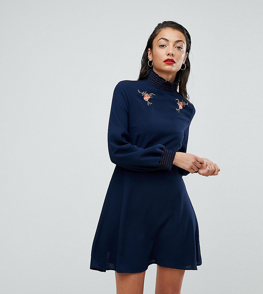 Fashion Union Tall High Neck Skater Dress With Contrast Shirred Collar And Cuffs - Navy