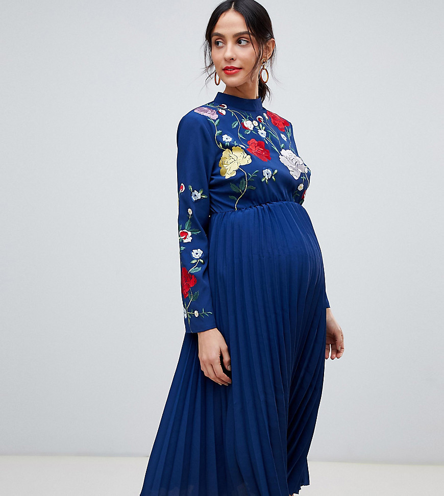 ASOS DESIGN Maternity pleated high neck midi dress with embroidery