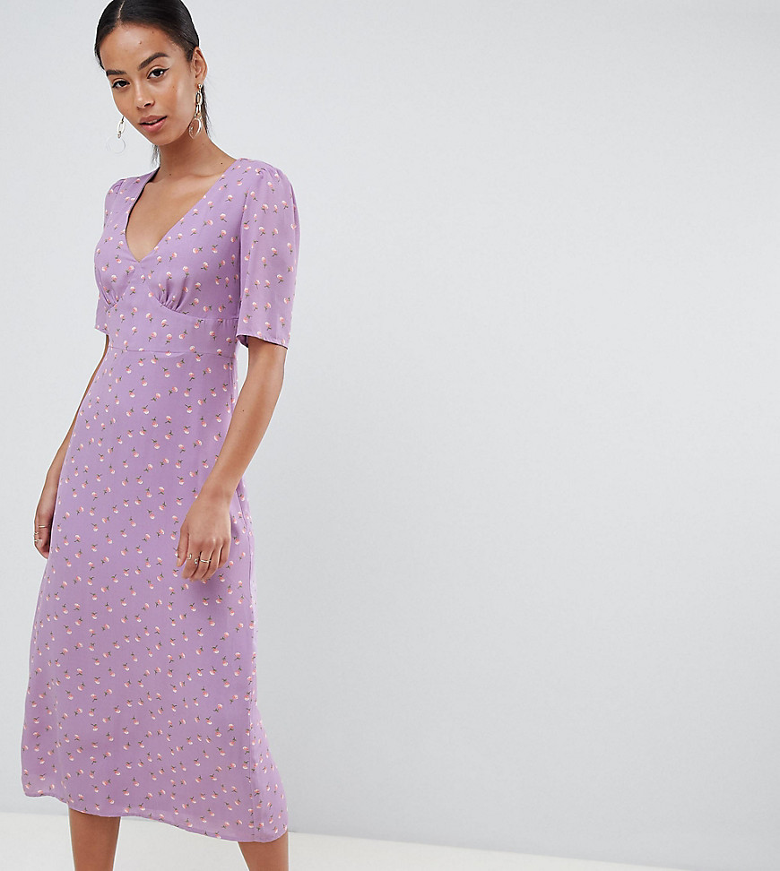 Fashion Union tall midi tea dress in floral - Lilac