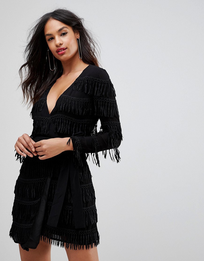 Isla Charm On Long Sleeved Tassel Dress - Black