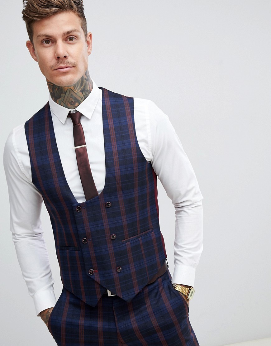 Harry Brown navy and burgundy check slim fit suit waistcoat