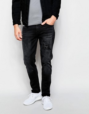 Waven Jeans Valtar Slim Tapered Drop Crotch Fit Charcoal Black Distressed