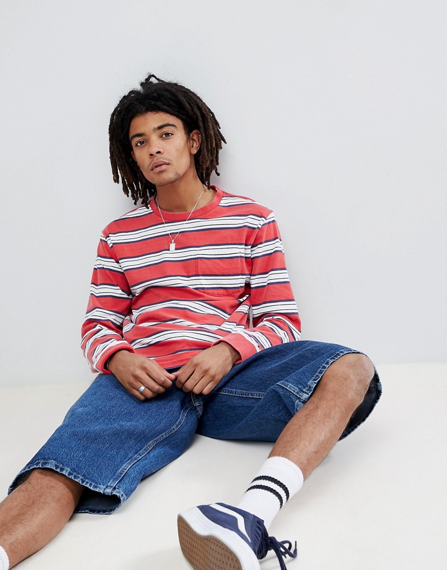 Brixton Hilt Washed Long Sleeve Striped T-Shirt With Pocket - Red