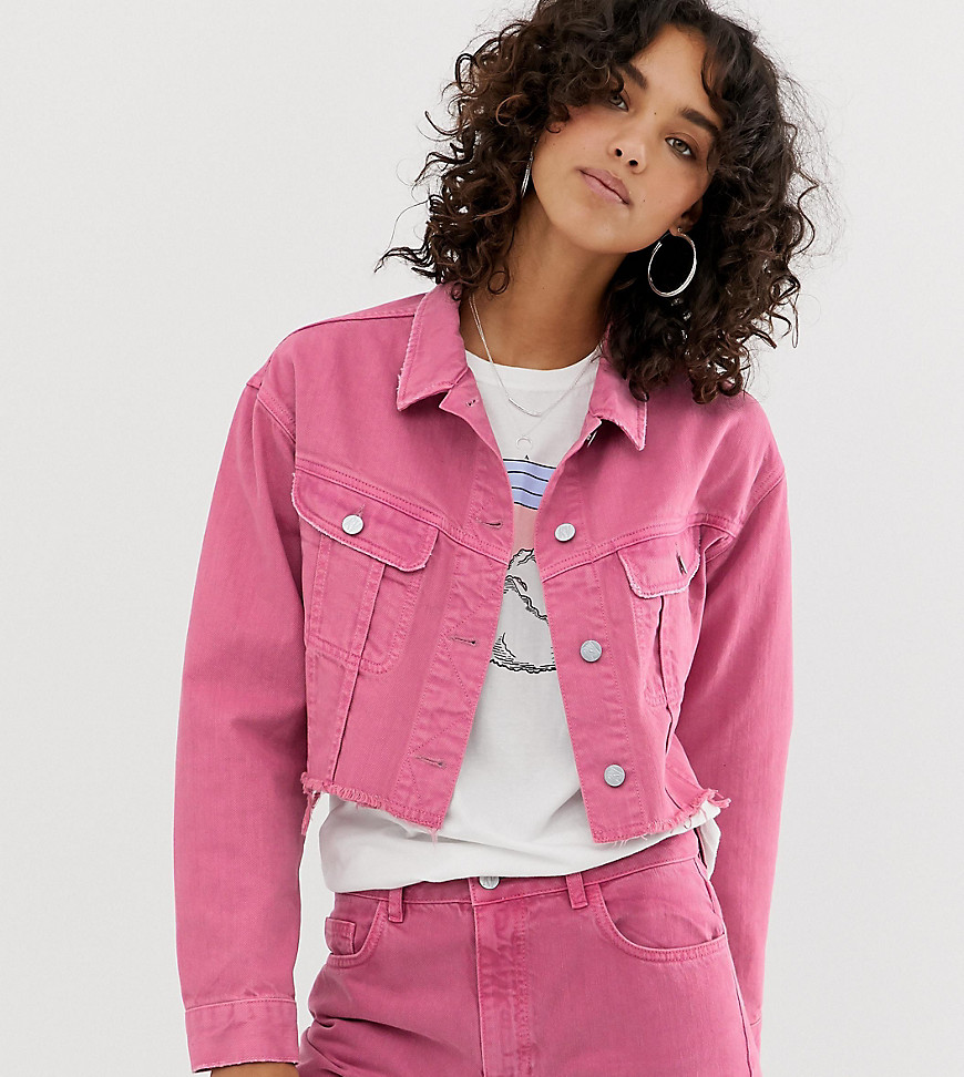 Reclaimed Vintage inspired cropped denim jacket with raw hem in rose pink wash