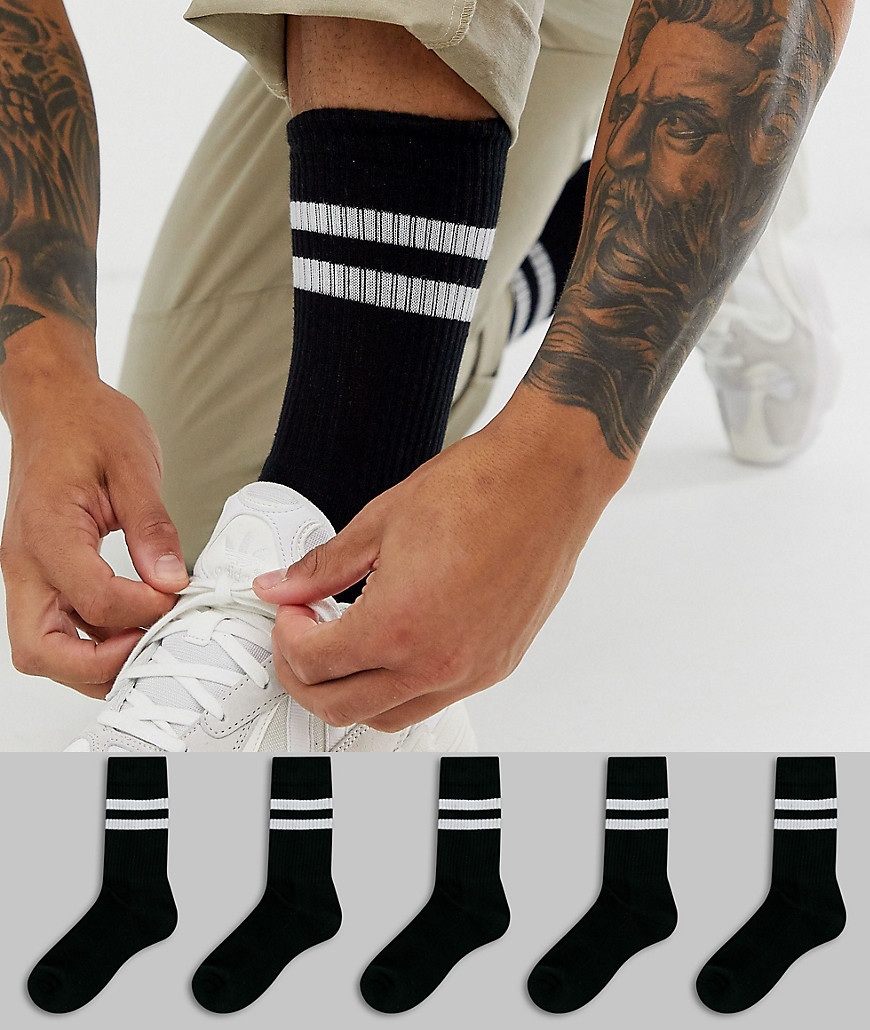 ASOS DESIGN 5 pack sport socks in black with white stripe save