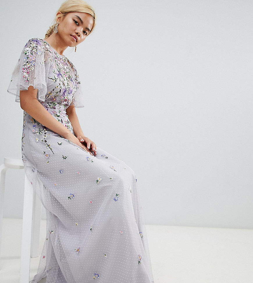 ASOS DESIGN Petite floral embroidered dobby mesh flutter sleeve maxi dress