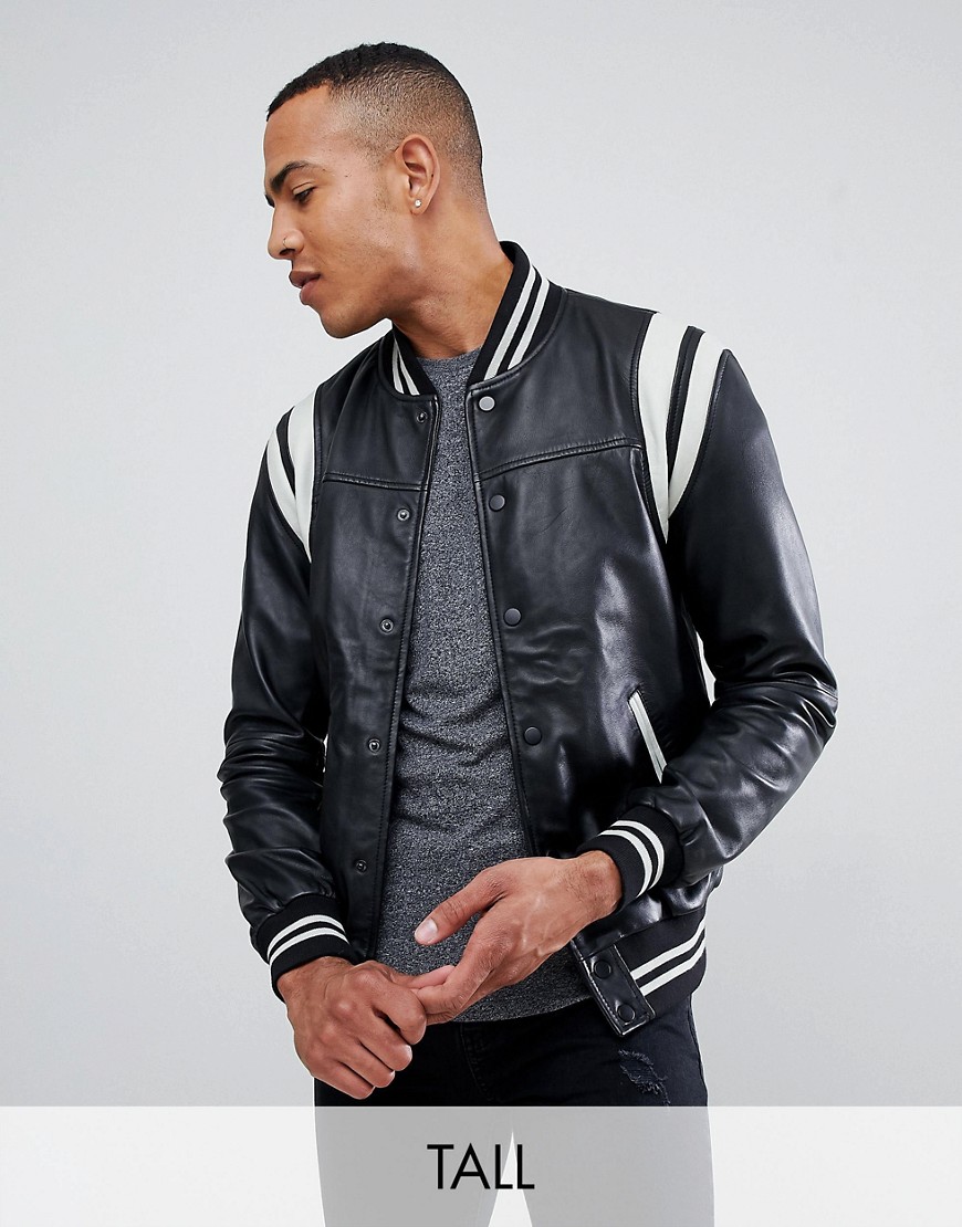 Barney's Originals Tall Real Leather Varsity Jacket with Panelling - Black