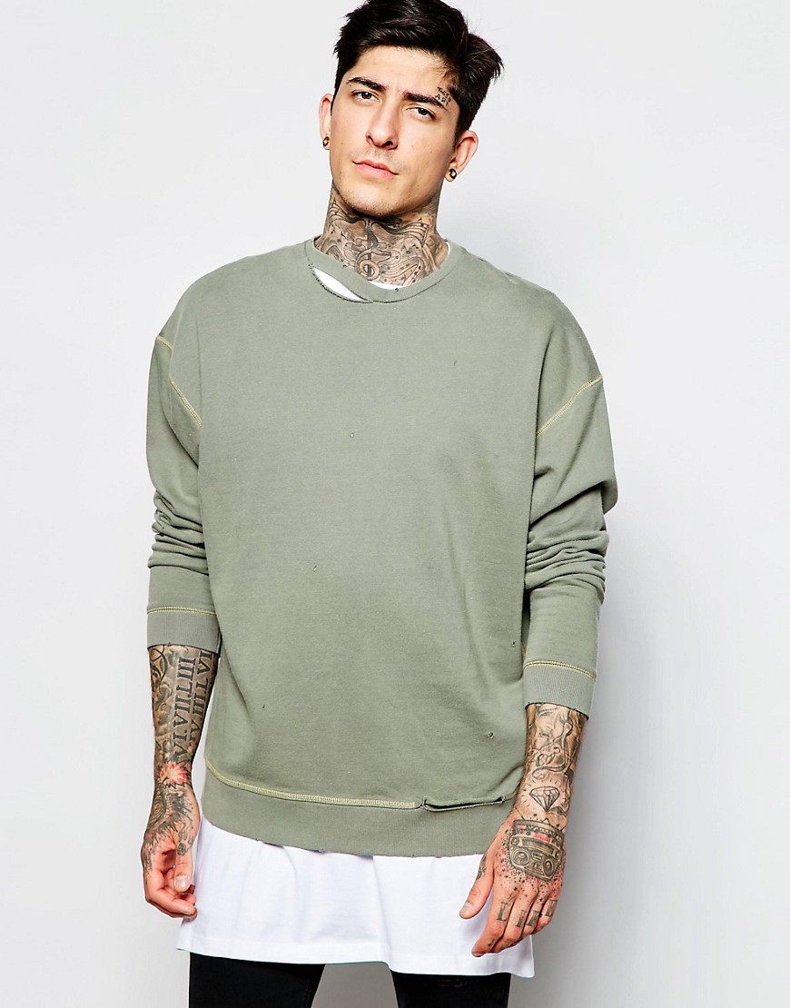 ASOS | ASOS Oversized Sweatshirt With Rip Neck In Green at ASOS