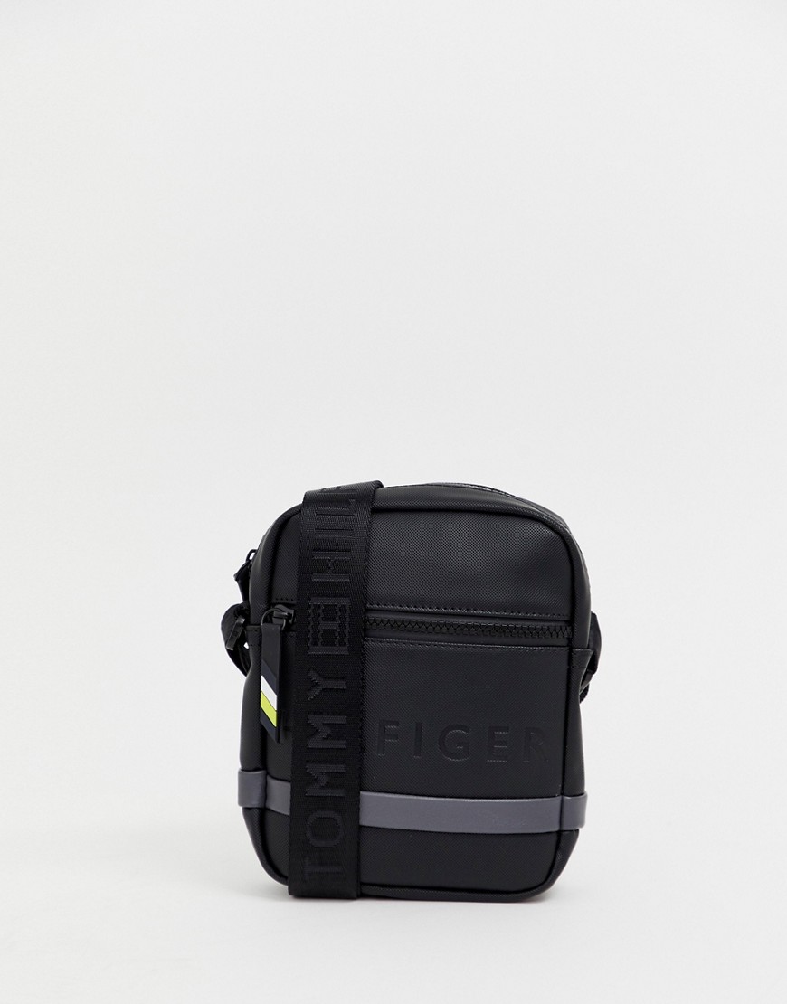 Tommy Hilfiger faux leather mini crossbody bag with grey logo stripe in black