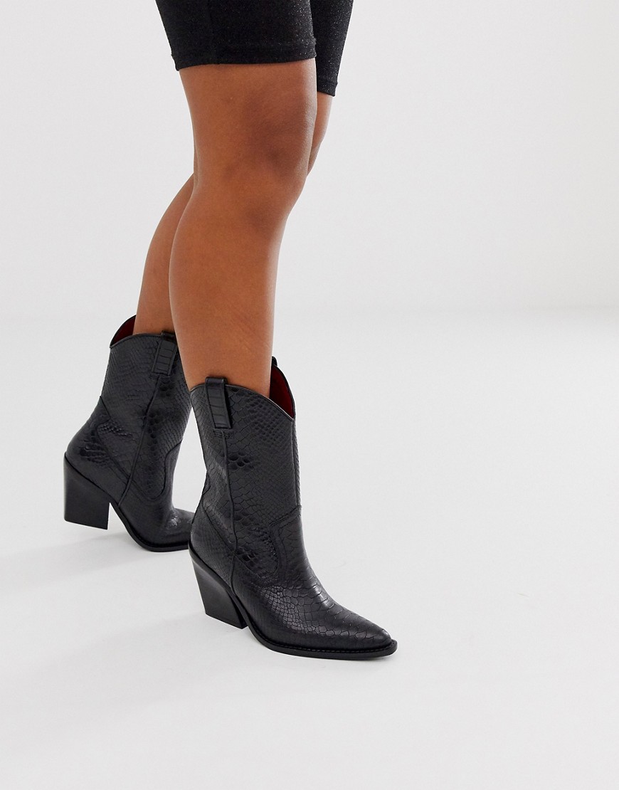 Bronx black leather python embossed mid calf western boots