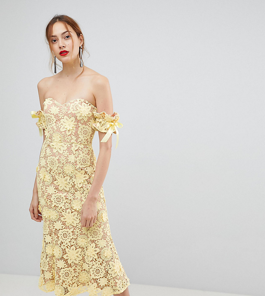 Jarlo Tall All Over Cutwork Lace Bardot Midi Dress With Tie Sleeve Detail - Lemon