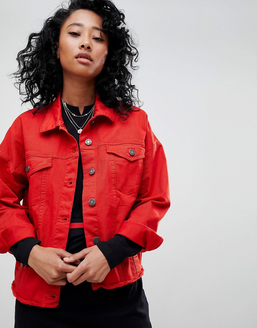 Noisy May Red Denim Jacket with Raw Hem - Flame scarlet