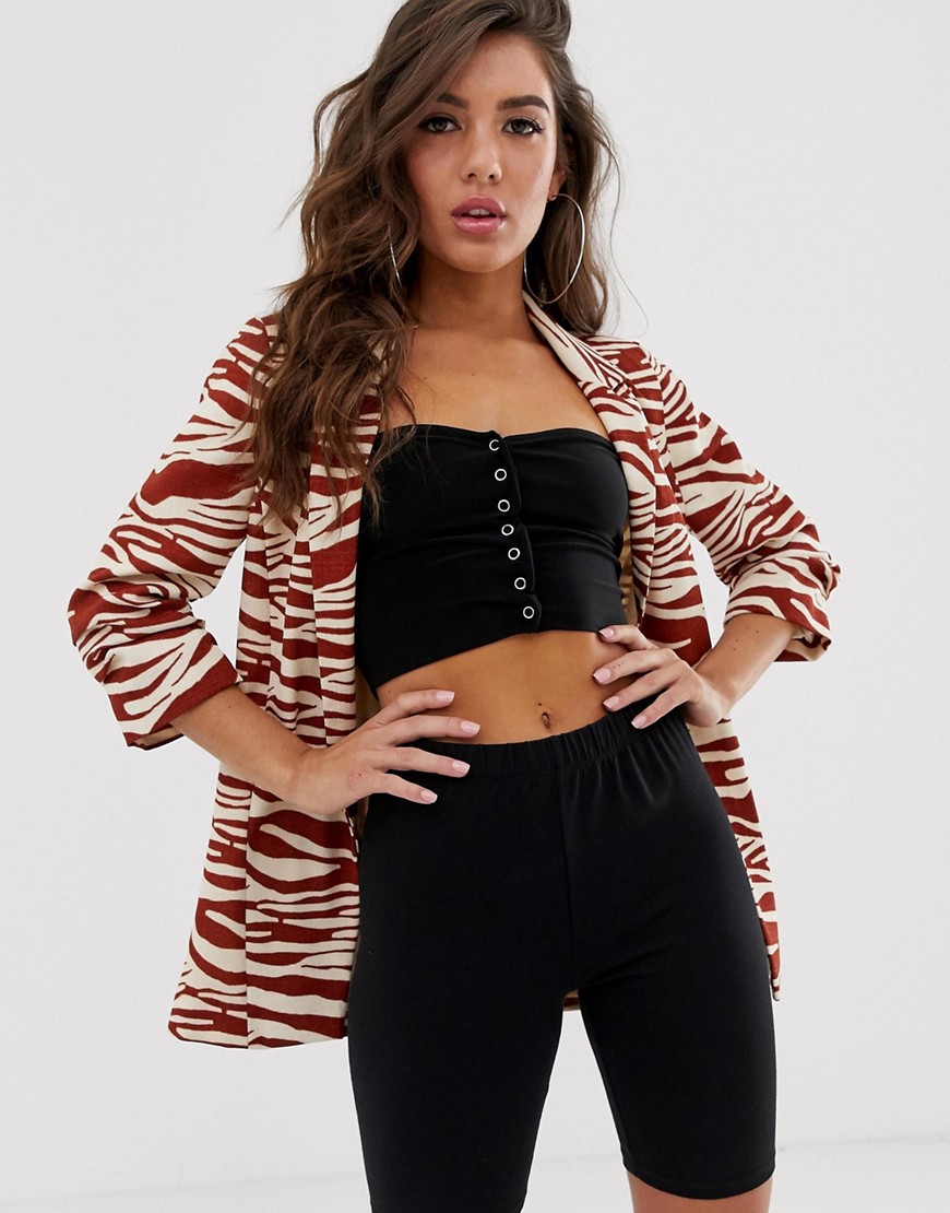 River Island blazer with ruched sleeves in zebra print