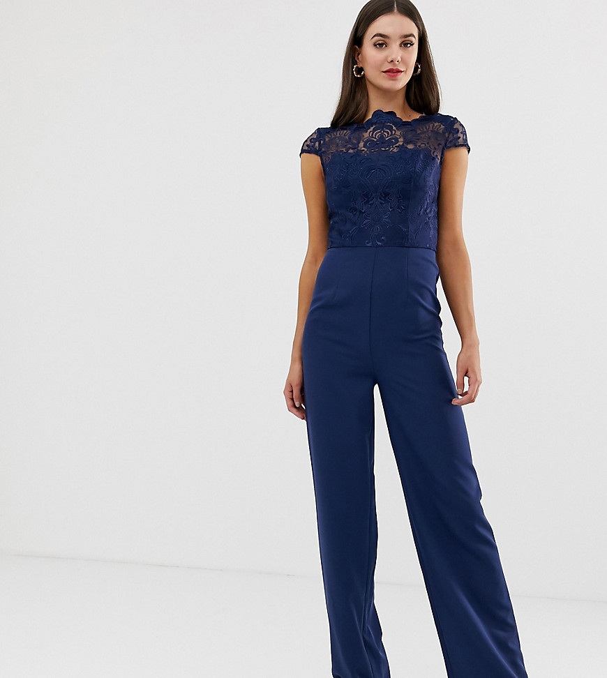 Chi Chi London Tall high neck 2 in 1 lace jumpsuit in navy