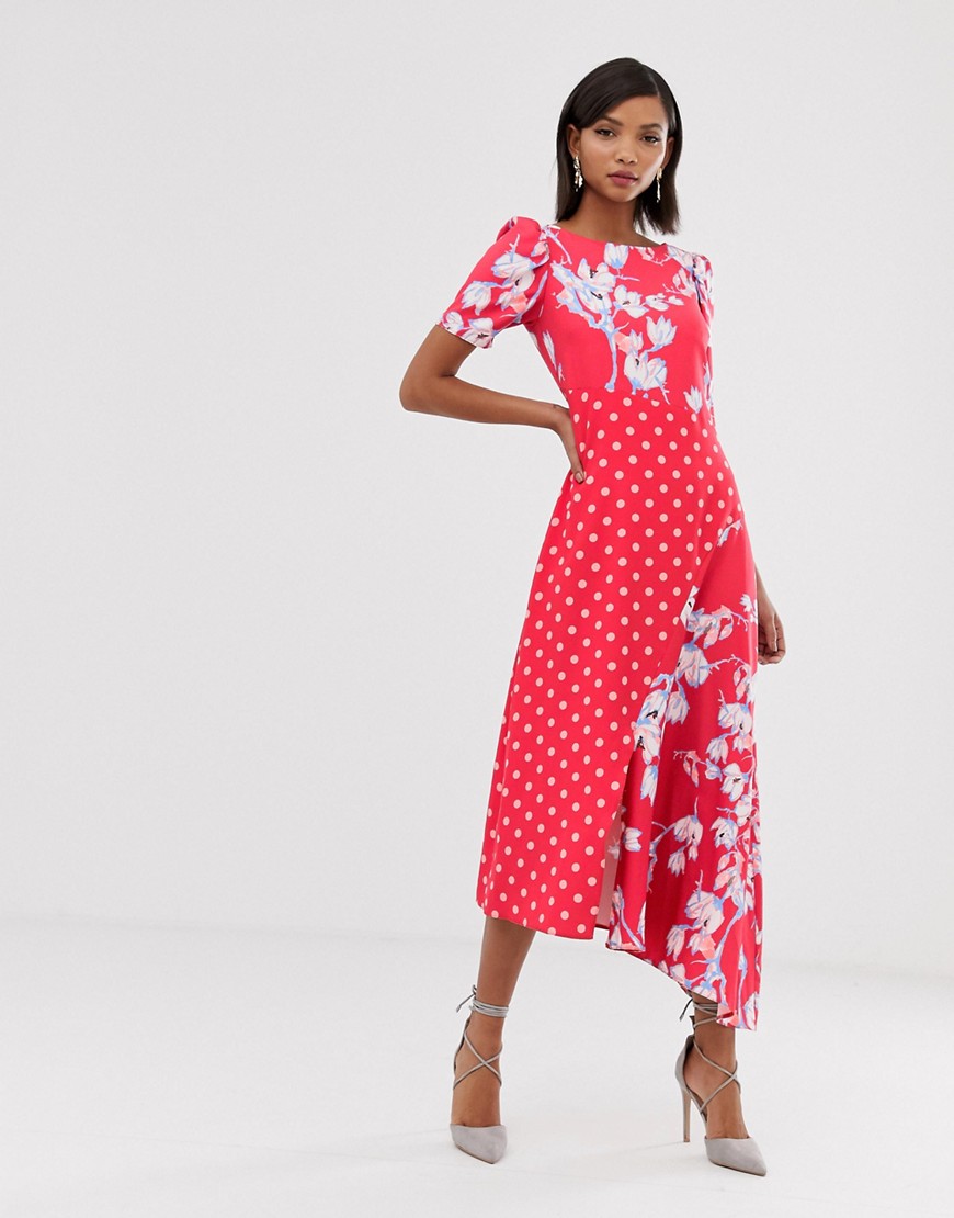 Closet London shift dress with fluted cap sleeve in polka floral splice print