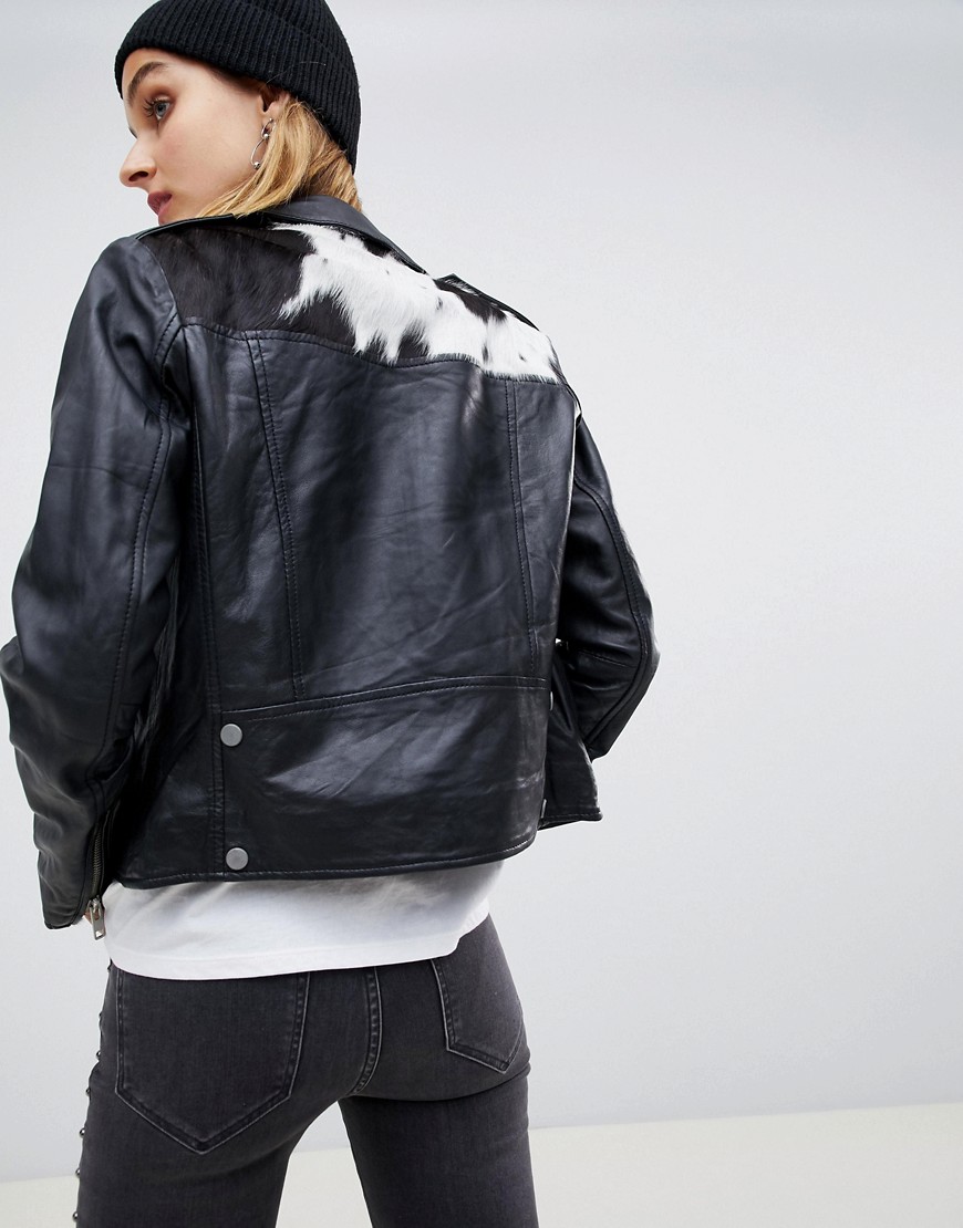 Muubaa Laurel Leather Biker Jacket with Cow Skin Back Patch