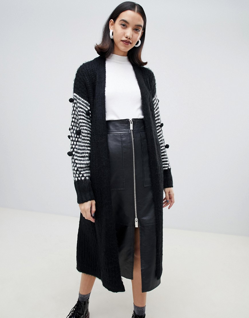 Lost Ink oversized belted cardigan with contrast pom pom trim sleeves