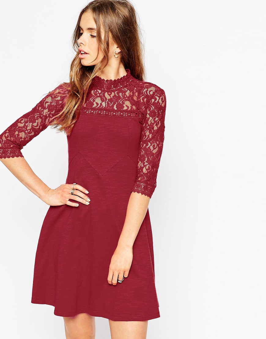 ASOS | ASOS Skater Dress with High Neck and Mixed Lace Inserts at ASOS