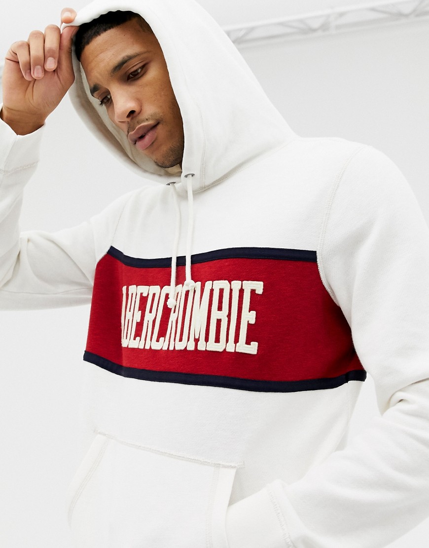 Abercrombie & Fitch chest stripe logo hoodie in white/red