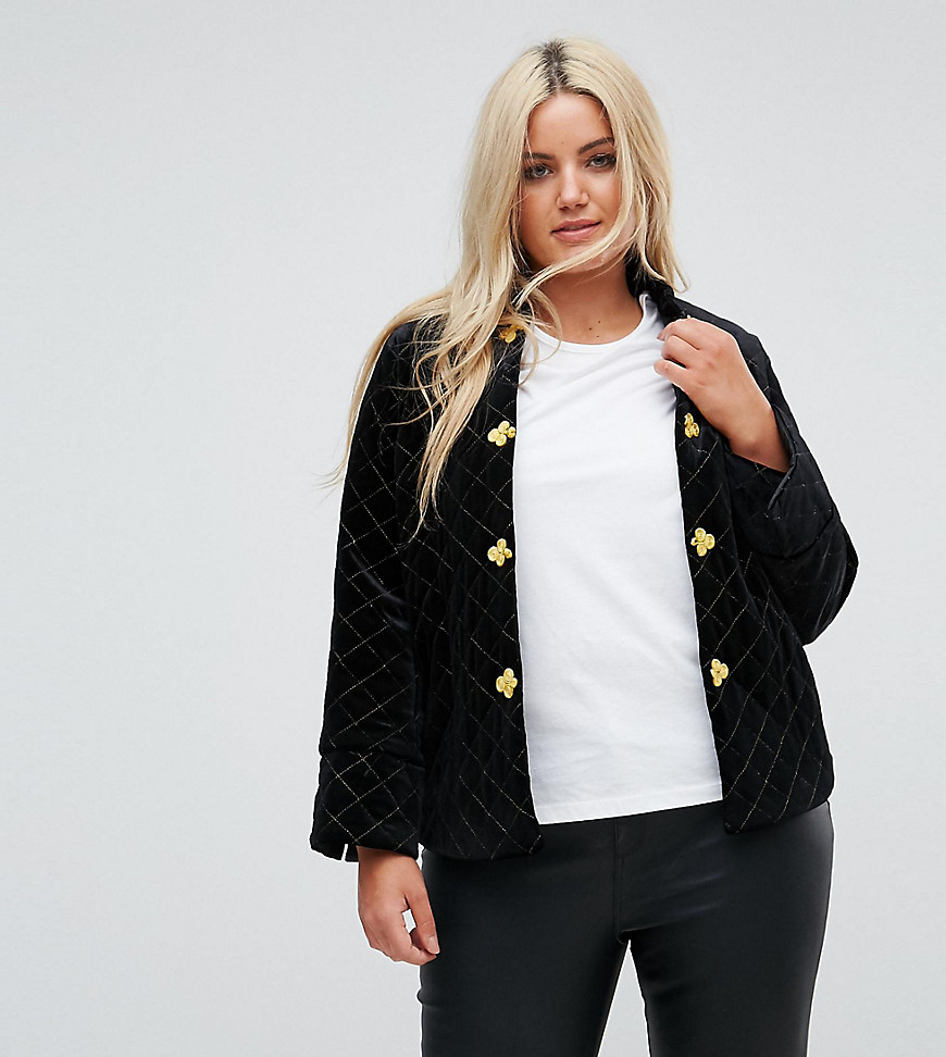 Fashion Union Plus Quilted Velvet Jacket With Gold Military Trims - Black