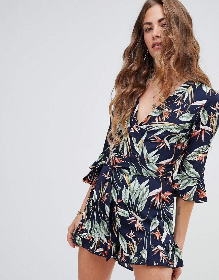 Love & Other Things Tropical Print Flare long Sleeve Playsuit