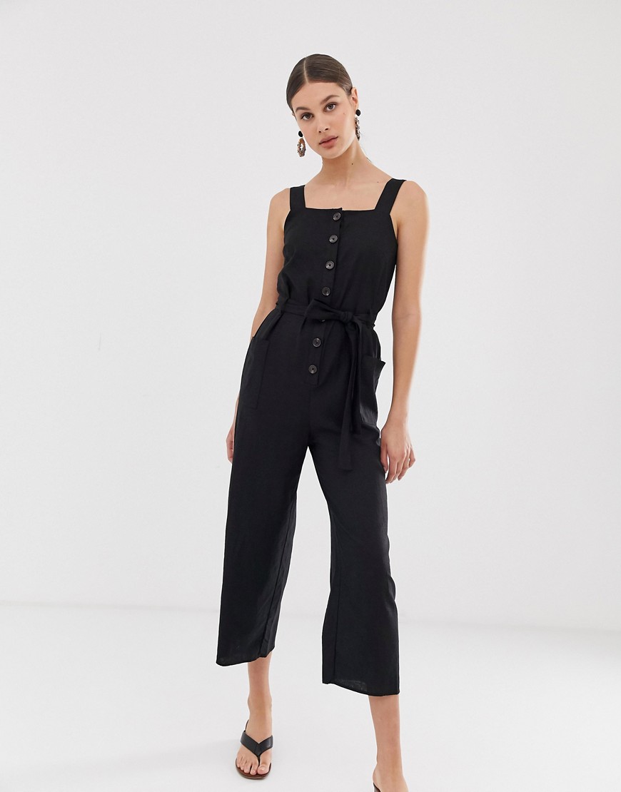 Warehouse linen jumpsuit with buttons in black