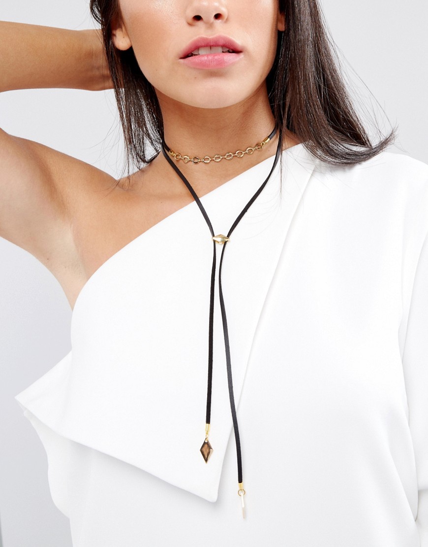 VANESSA MOONEY LEATHER LOOK BOLO CHOKER NECKLACE WITH GOLD PLATING CHAIN AND BEAD DETAILING - BLACK,BOLO-87
