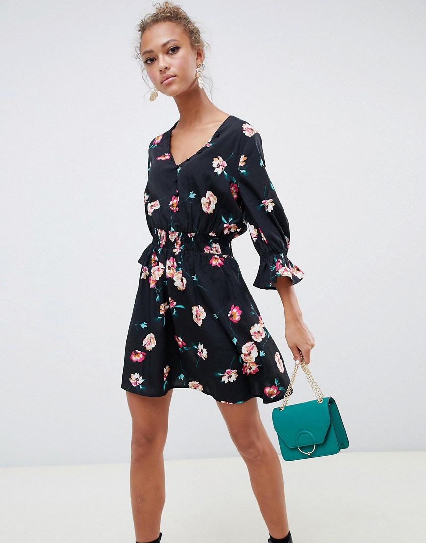 Influence v neck floral tea dress with gathered sleeve
