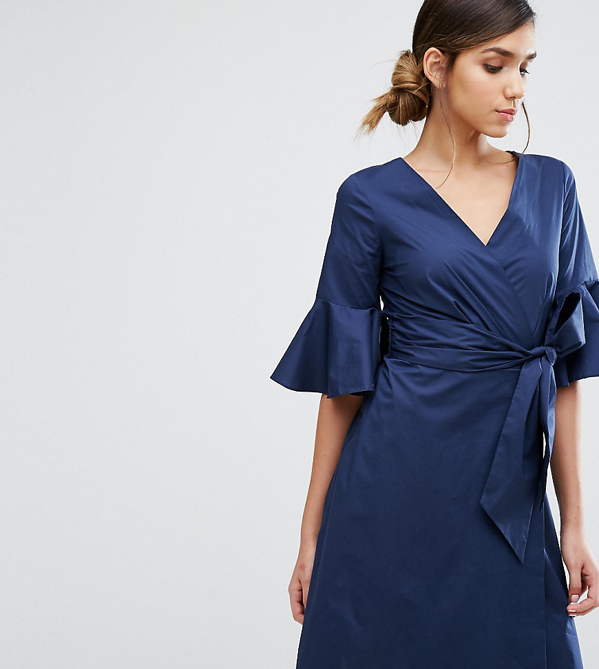 Closet Wrap Front Shirt Dress with Fluted Sleeve - Navy