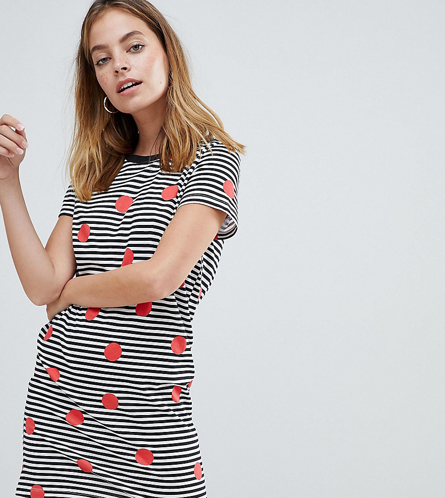 Noisy May Petite Spot and Stripe Print T-Shirt Dress - White/red/black
