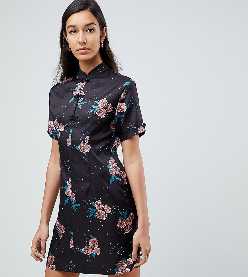 Fashion Union Tall High Neck Dress In Vintage Floral - Black multi