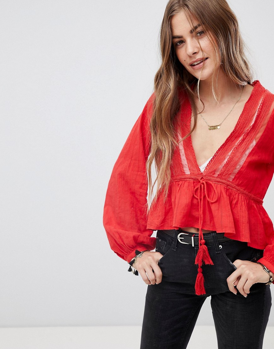 Free People Oberoi Deep V-Neck Blouse - Red