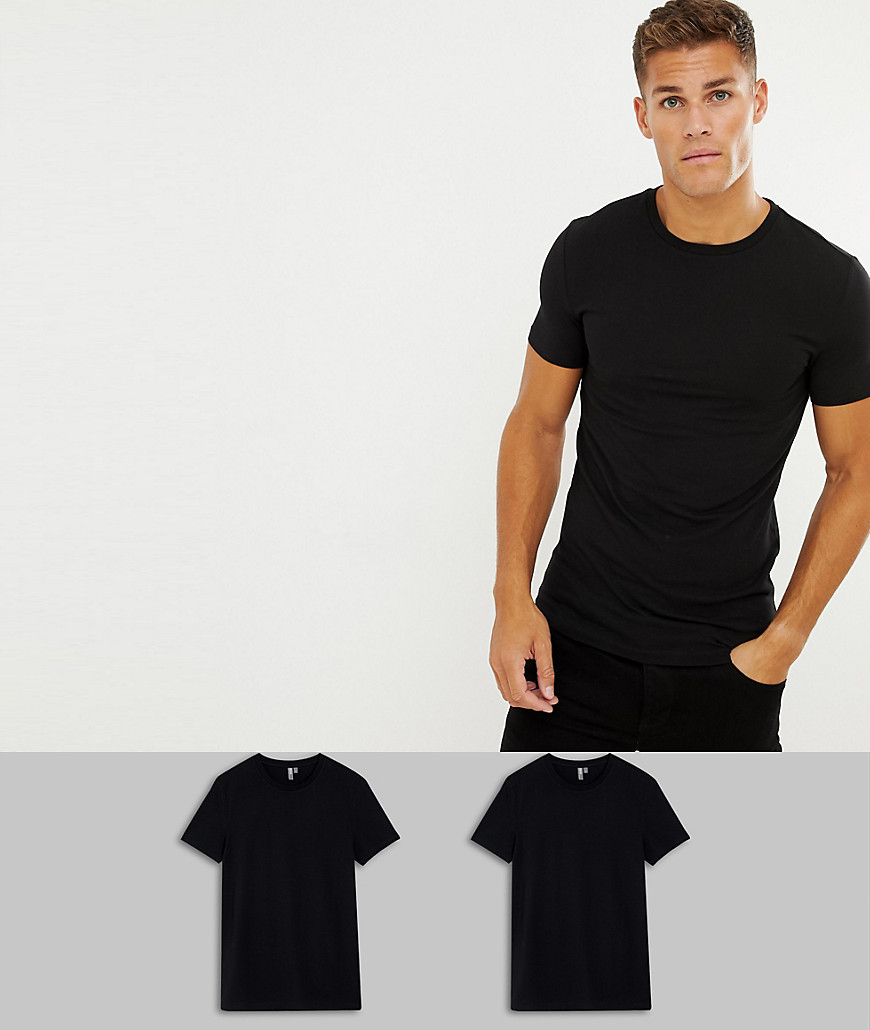 ASOS DESIGN 2 pack organic muscle fit crew neck t-shirt in black save