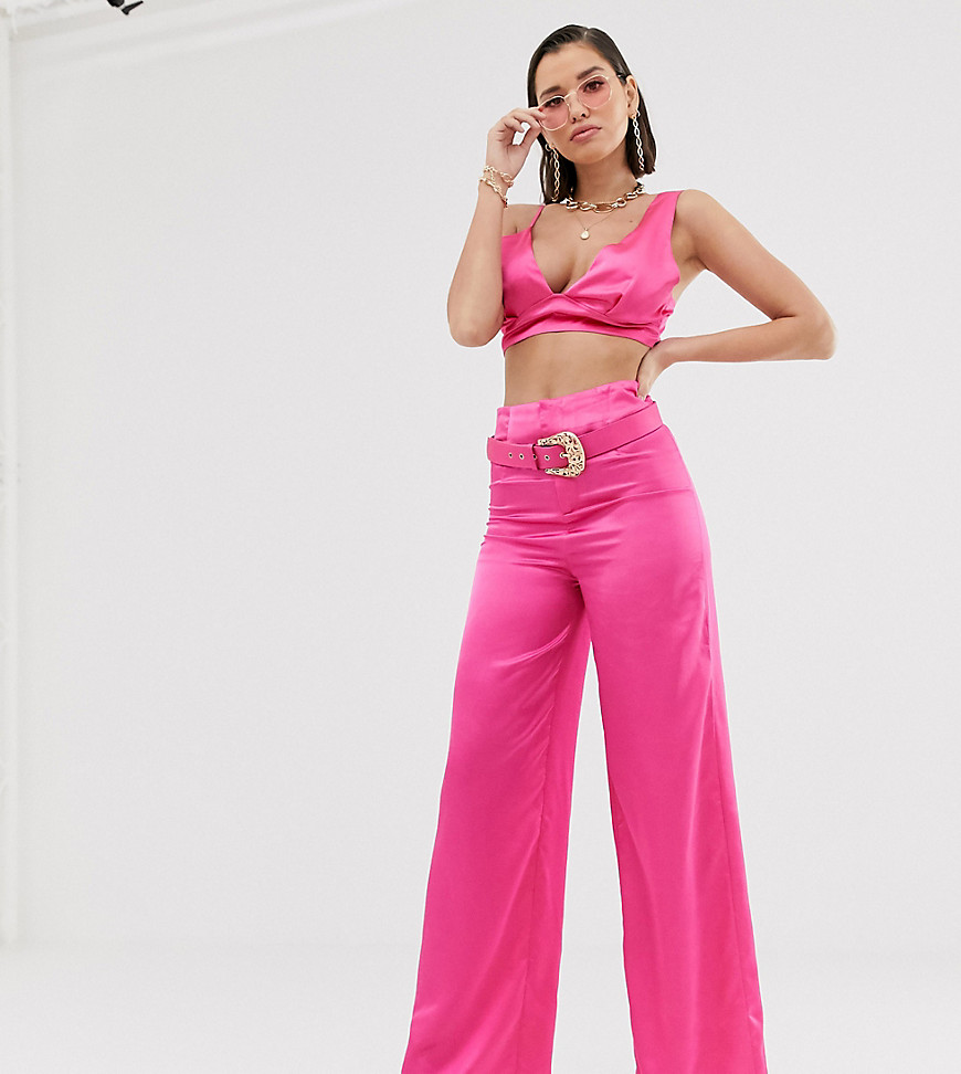 Katchme satin wide leg trouser with belt detail in hot pink