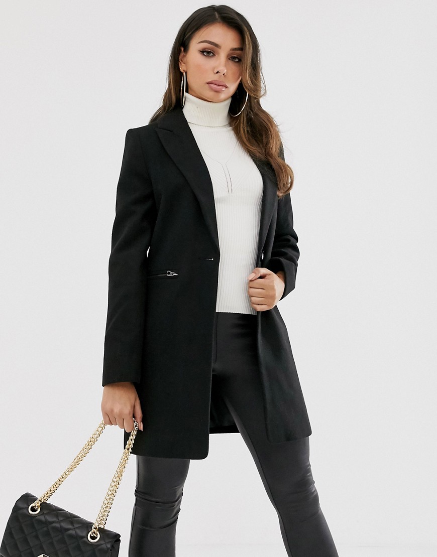 Asos Design Boyfriend Coat With Zip Pockets In Black